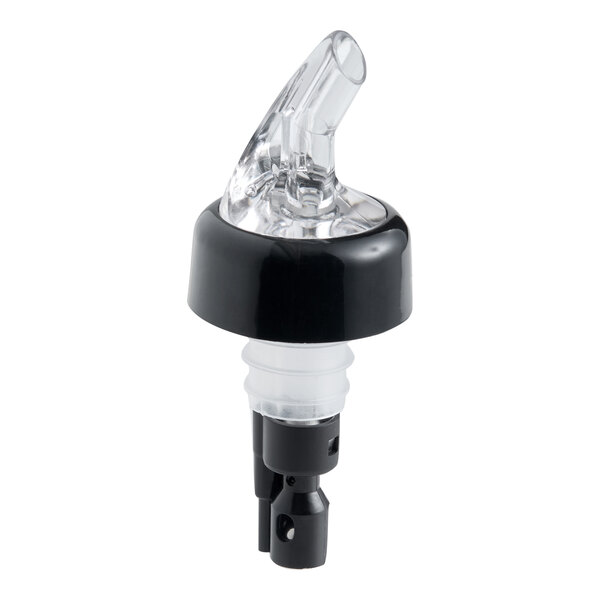 A clear and black measured liquor pourer with a collar designed to dispense 0.625 oz. per pour.