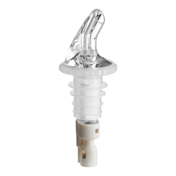 A clear plastic 2 oz. measured liquor pourer with a white base and no collar.