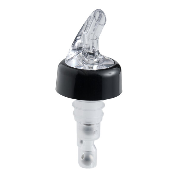 A clear and black measured liquor pourer with a collar designed to dispense 1.25 oz. servings.