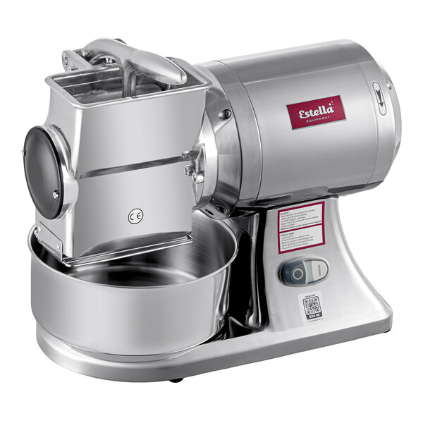 An electric hard cheese grater with a stainless steel body and a large mixing bowl, designed for commercial use.