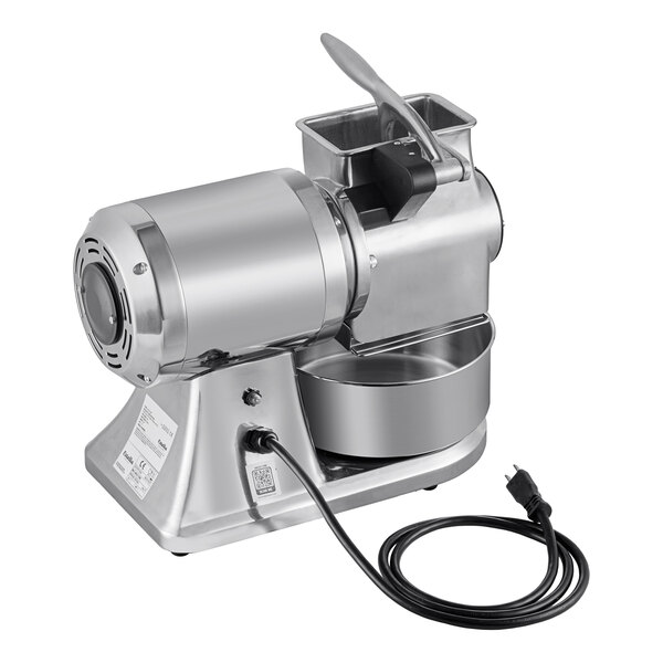 An electric hard cheese grater with a stainless steel body, a feeding chute, a collection bowl, and a power cord.
