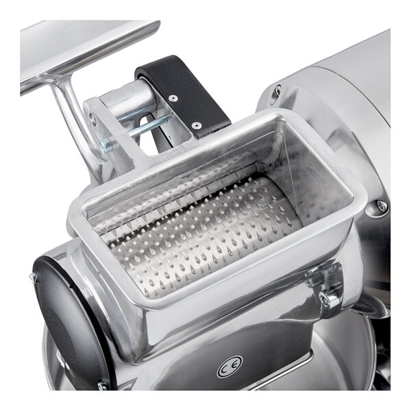 An electric hard cheese grater with a stainless steel grating drum and hopper.