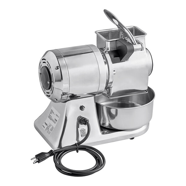 A silver Estella electric hard cheese grater with a bowl.