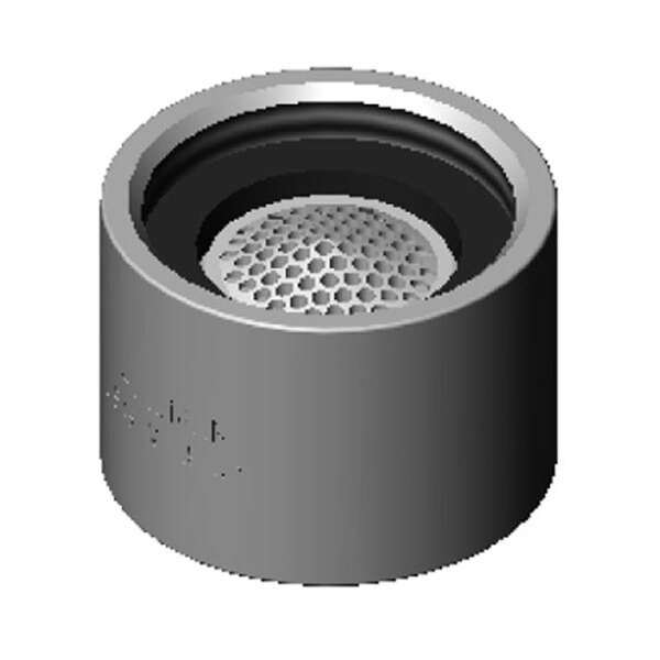 A round metal object with a round mesh and a round hole.