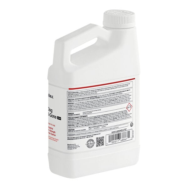 A 32 oz. white plastic bottle of Noble Clog-B-Gone Ultra industrial pro-strength drain opener.