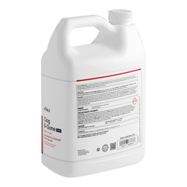 A 1-gallon container of Noble Chemical Clog-B-Gone Ultra industrial pro-strength drain opener.
