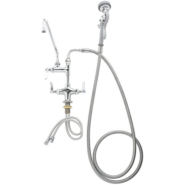 A silver T&S deck mounted pre-rinse faucet with a hose and 90 degree swivel.