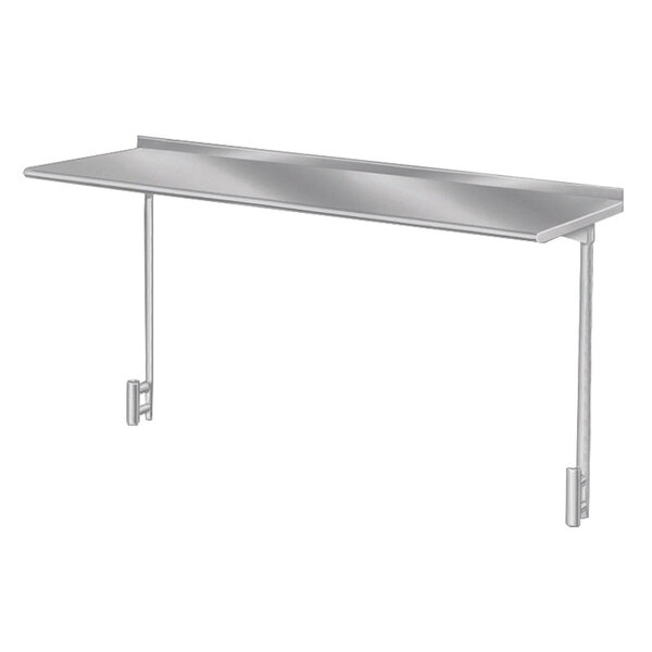 A silver rectangular stainless steel shelf with a table mount.