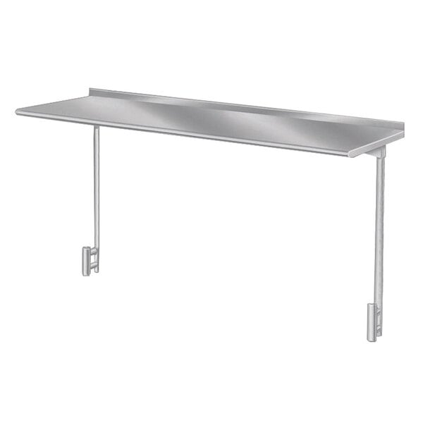 A silver rectangular stainless steel shelf on a metal frame.