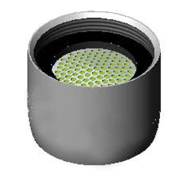 A close-up of a round T&S spray device with green and yellow grids on a white background.