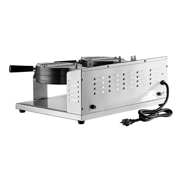 A double waffle cone maker with a stainless steel body and two black handles, featuring an attached power cord.
