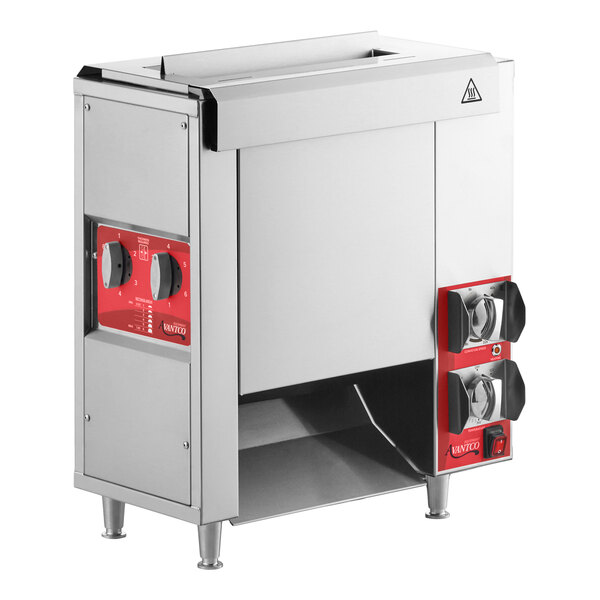 A compact vertical contact bun toaster with stainless steel construction and control knobs on the side.