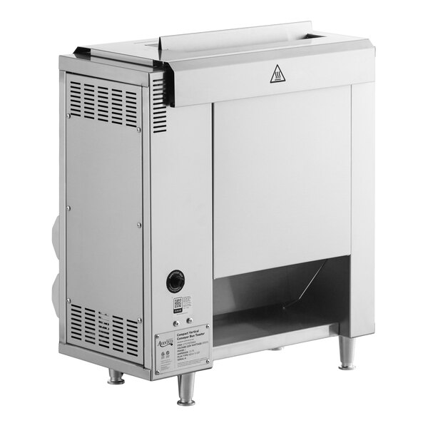 A compact vertical contact bun toaster made of stainless steel.