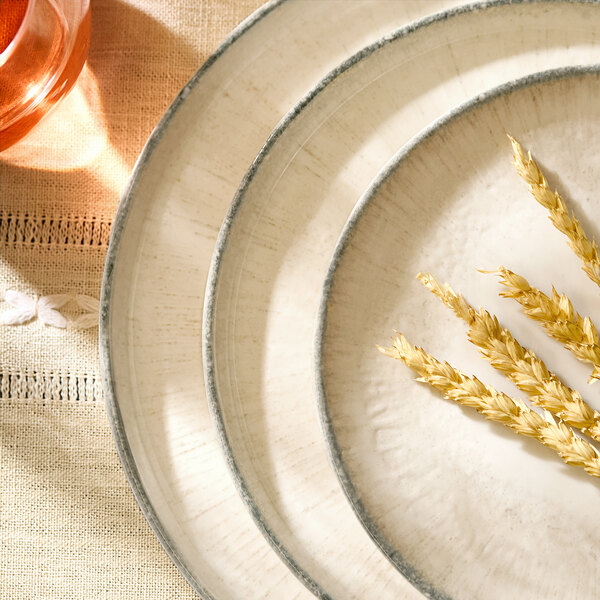 A set of round, gray-rimmed porcelain plates stacked on a table with a wheat decoration.