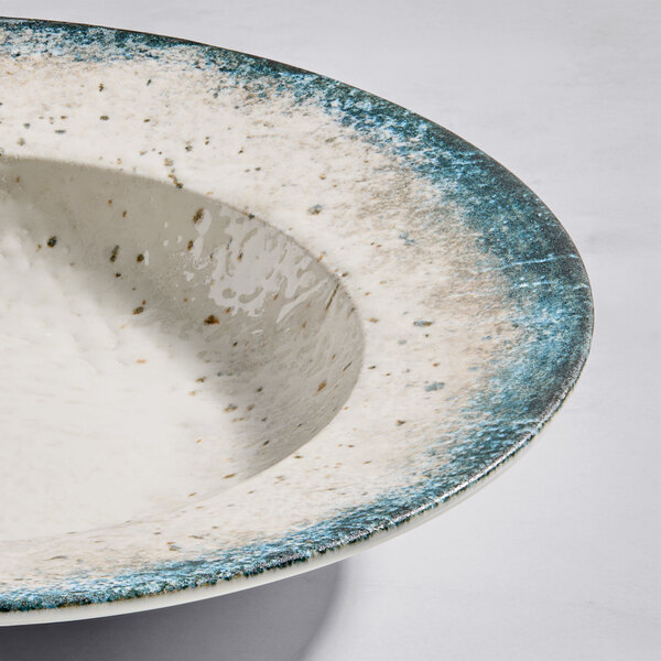 A round gray porcelain wide rim bowl with a speckled design and blue-gray edge.