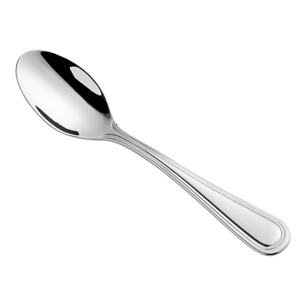 An Acopa Edgeworth stainless steel demitasse spoon with a long handle.