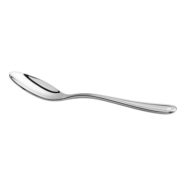 An Acopa Edgeworth stainless steel demitasse spoon with a curved metal handle.