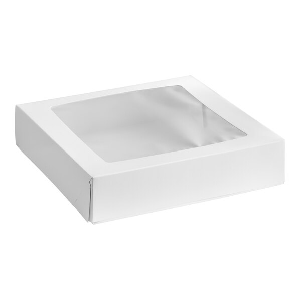 A white square bakery box with a clear window on top.