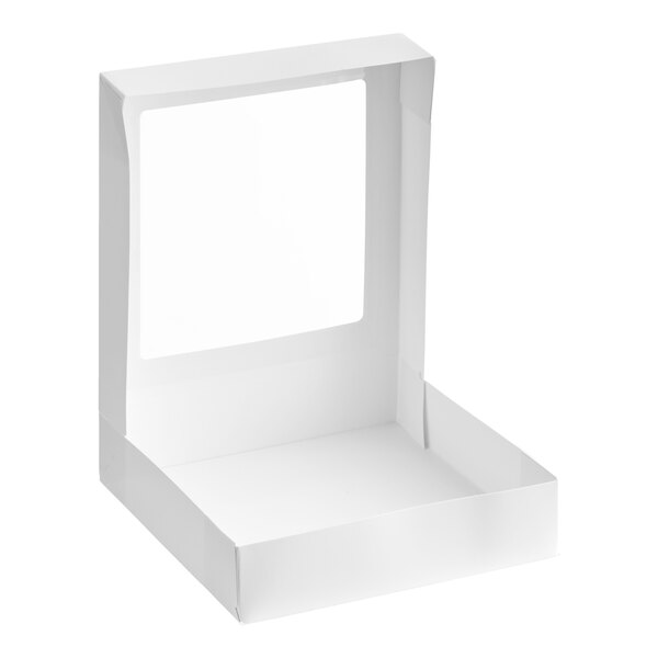A white auto-popup bakery box with a clear window on the lid, designed for packaging pies or baked goods.