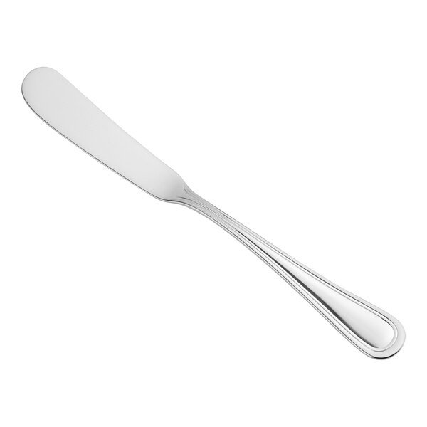 An Acopa Edgeworth stainless steel butter spreader with a long handle.