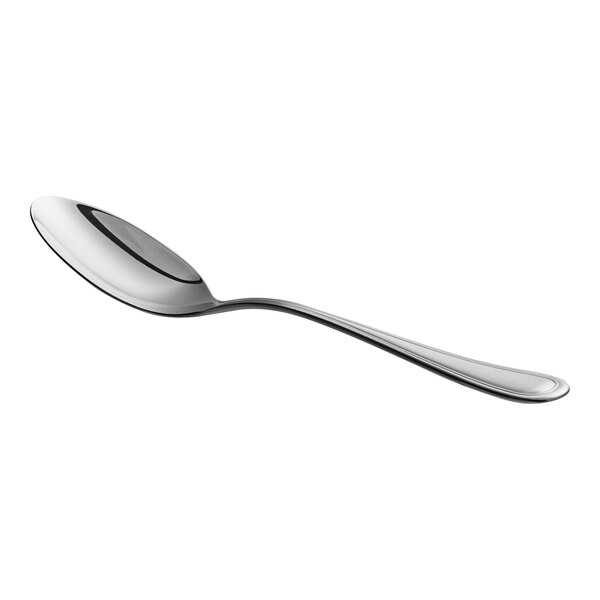 An Acopa Edgeworth stainless steel serving spoon with a white handle.