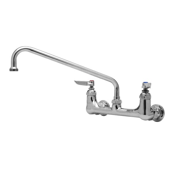 A chrome T&S wall mount pantry faucet with a lever.