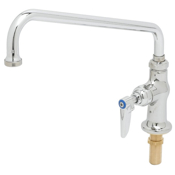 A chrome T&S deck-mount faucet with a metal handle and blue knob.