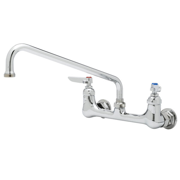 A chrome T&S wall mounted faucet with lever handles and an 18" swing spout.