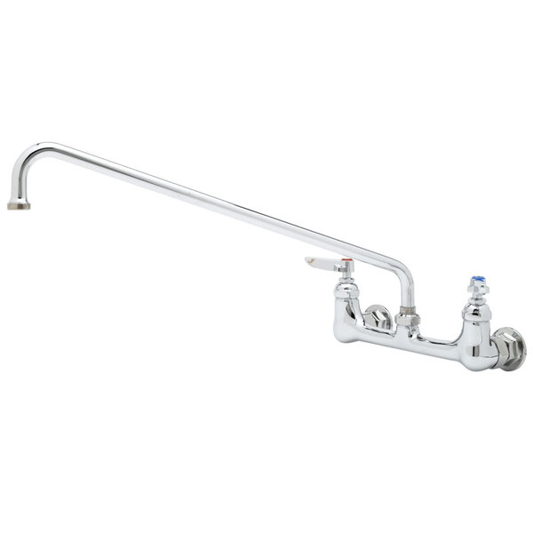 A T&S chrome wall mounted pantry faucet with a long handle.