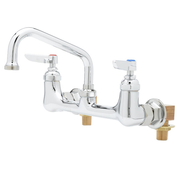 A chrome T&S wall mount pantry faucet with two handles.