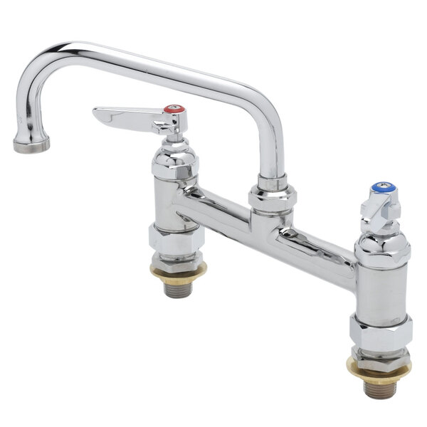 A chrome T&S deck-mounted faucet with two lever handles and a swing nozzle.