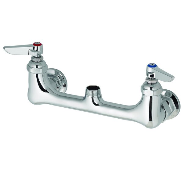 A T&S chrome wall mounted pantry faucet base with two handles and two faucets.