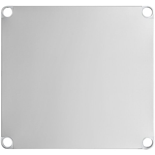 A square stainless steel adjustable undershelf with rounded corners and holes, designed for 30-inch by 30-inch work tables.