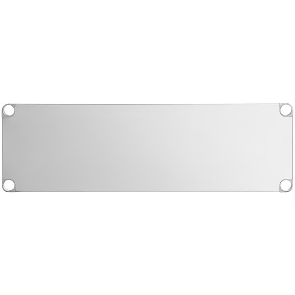 A rectangular 18-gauge stainless steel adjustable undershelf with four corner cutouts for 18" x 48" work tables.