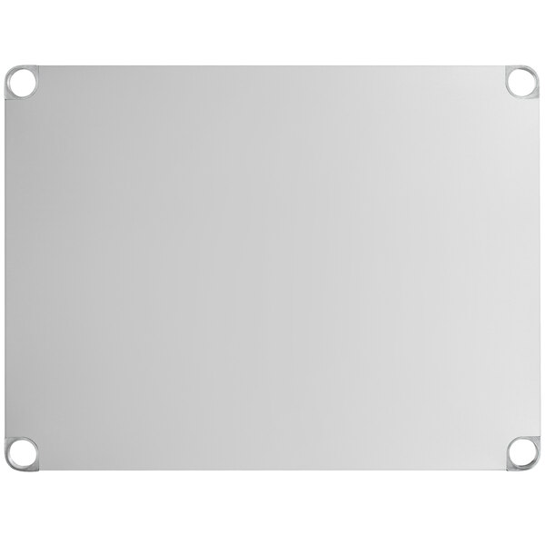 A rectangular stainless steel adjustable undershelf with rounded corners and holes for mounting, designed for 30" x 36" work tables.