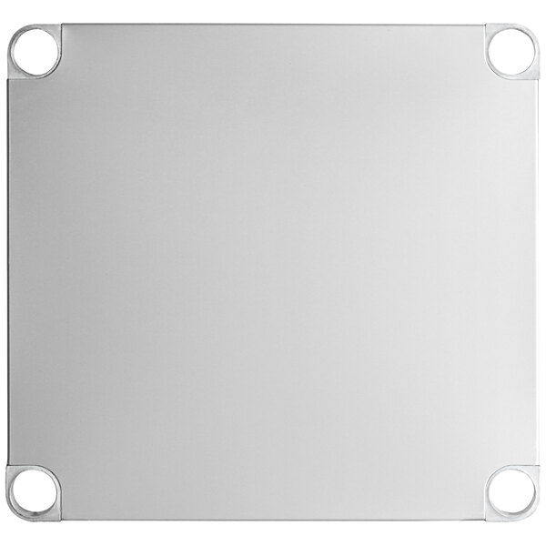 A square stainless steel adjustable undershelf with rounded corners designed for 24 x 24 inch work tables.