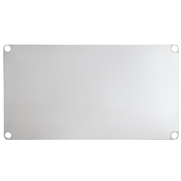 A rectangular 18-gauge stainless steel adjustable undershelf with holes in each corner, designed for 30" x 48" work tables.