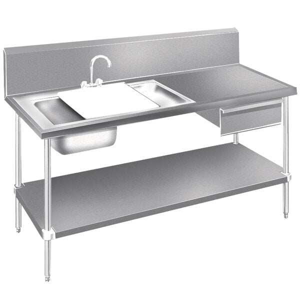 A stainless steel Advance Tabco prep table with sinks, drawers, and an undershelf.