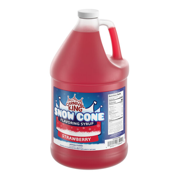 A gallon jug of Carnival King strawberry snow cone flavoring syrup.
