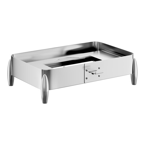 A stainless steel chafer stand with two fuel holders designed for holding full-size food pans.