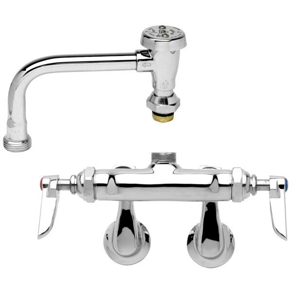 A chrome T&S wall mount pantry faucet with two handles and a hose outlet.