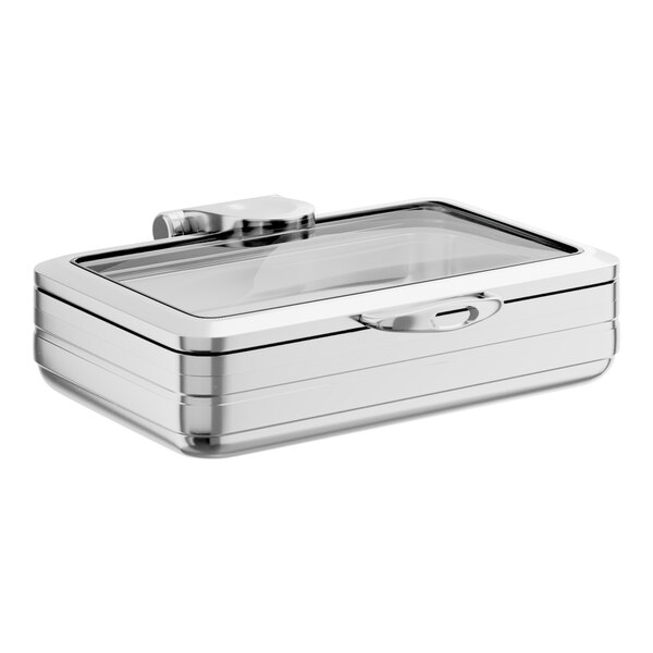 An 8-quart full size stainless steel induction chafer with a glass top and soft close lid.