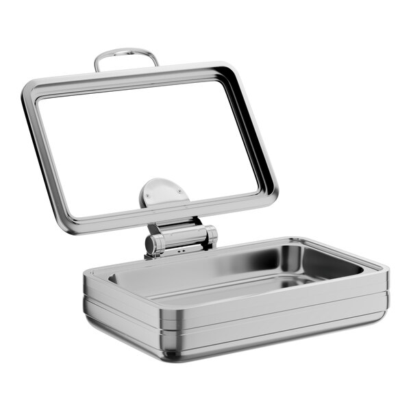 A full size stainless steel induction chafer with a glass top and soft close lid.