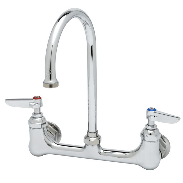 A chrome T&S wall mount faucet with two handles and two faucets.