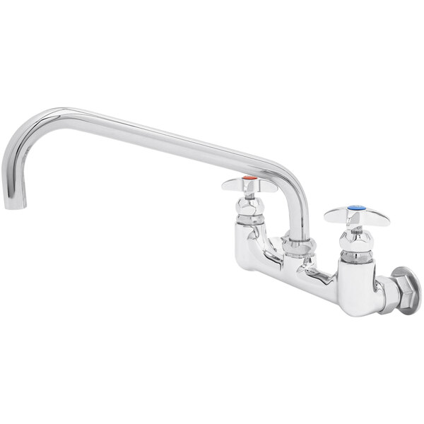 A silver T&S wall mount faucet with two handles and a blue knob.