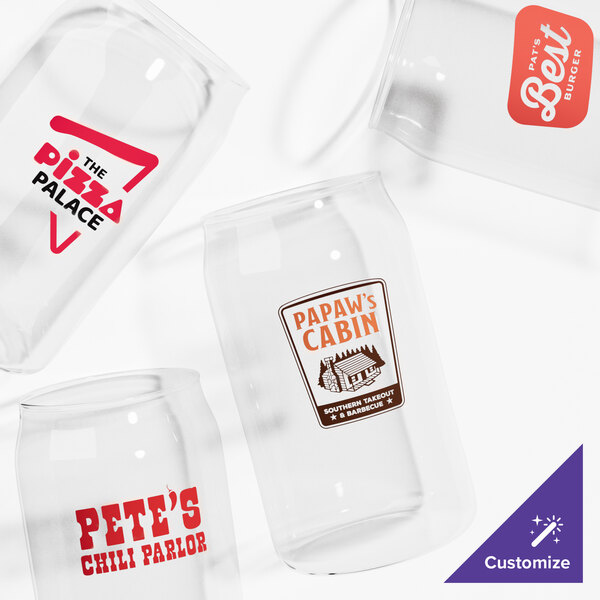 A set of clear, customizable 16 oz. can-shaped glasses featuring various printed restaurant logos.