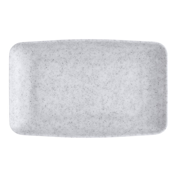A light gray rectangular melamine platter with a speckled pattern.