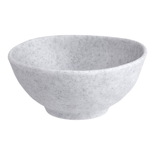 A light gray round melamine bowl with a speckled pattern.