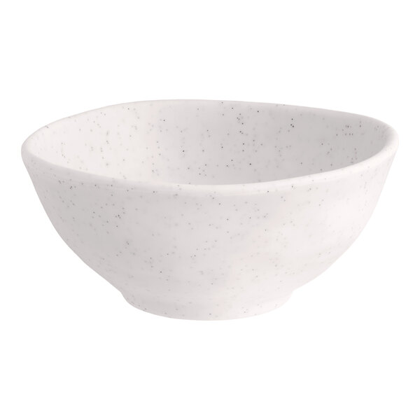 A white round melamine bowl with a speckled pattern.