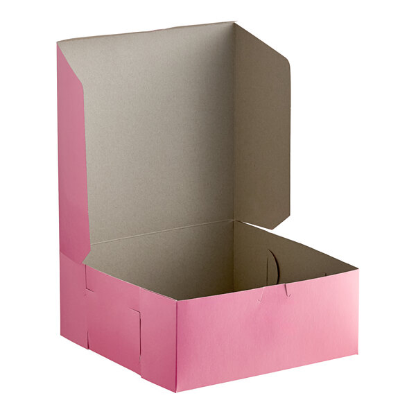 A pink cardboard bakery box with an open lid, measuring 10 by 10 by 4 inches.